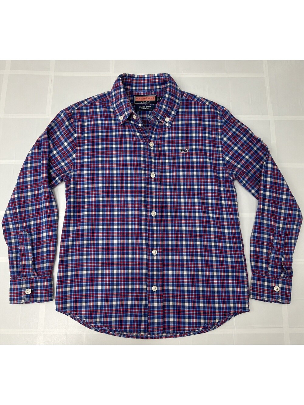 Vineyard Vines Boys S 8-10 Red Blue Plaid Whale Shirt 100% Cotton Button Down